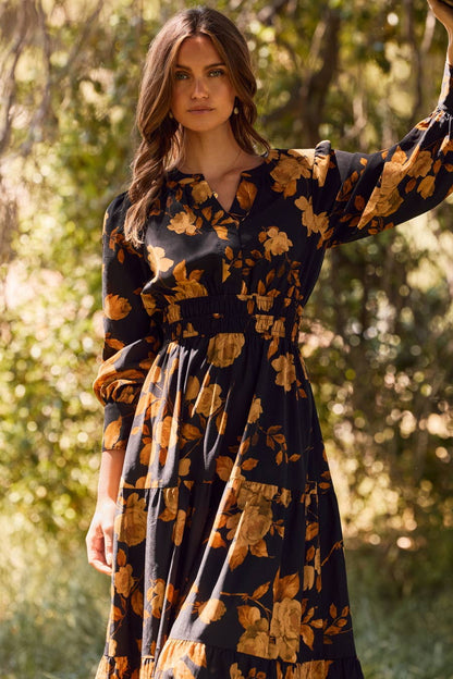 Rusty Rose Floral Printed Tiered Maxi Dress: Black Multi