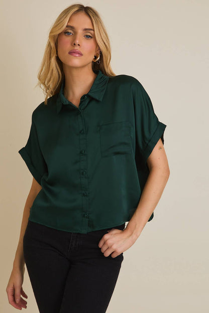 Tallulah Satin Boxy Button Down Blouse: Hunter Green