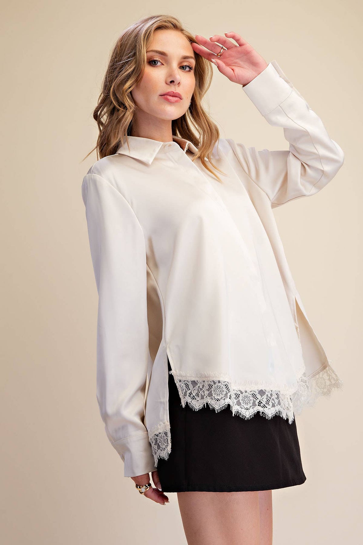 Cecily Collared Long Sleeve Lace-Trim Satin-Effect Blouse: Ivory