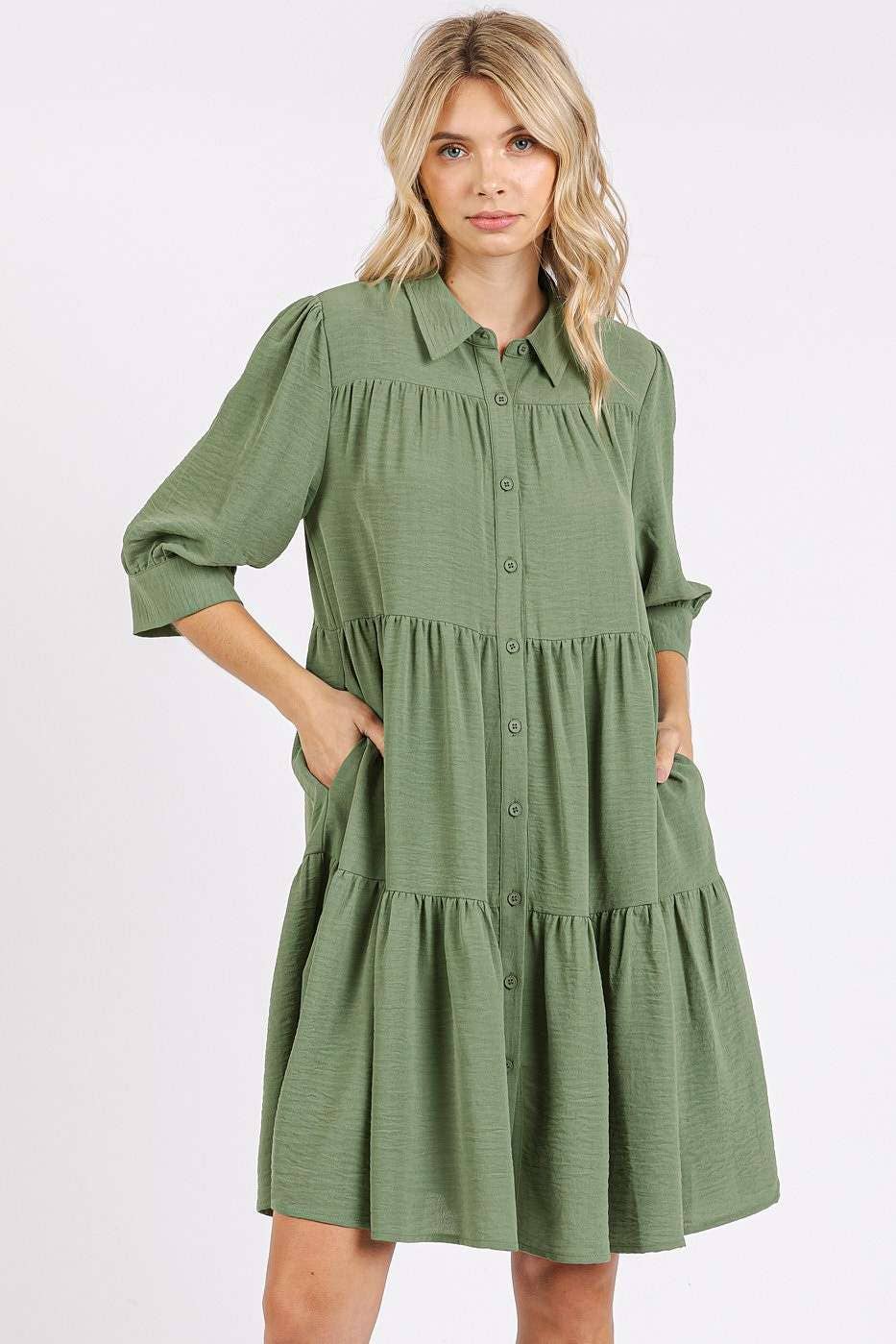 AIRFLOW RUFFLE TIER BUTTONED MINI SHIRT DRESS: SAGE / S-M-L(2-2-2)