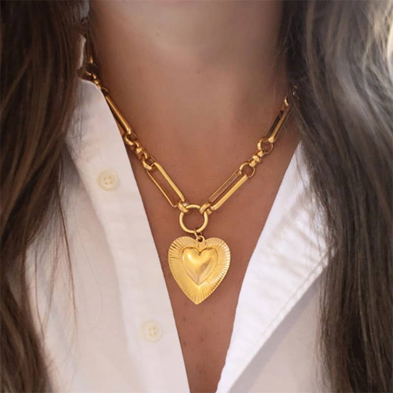 Gold Etched Heart Chunky Chain Statement Necklace