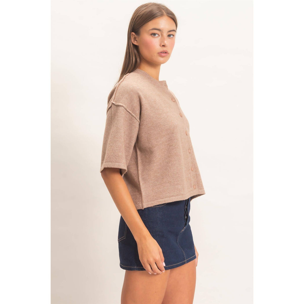 Ada Short Sleeve Cardigan: Dark Taupe