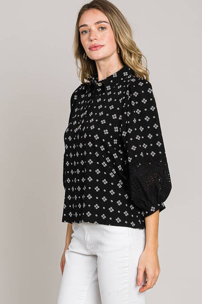 Esme Bracelet Sleeve with Eyelet lace trim blouse: Black