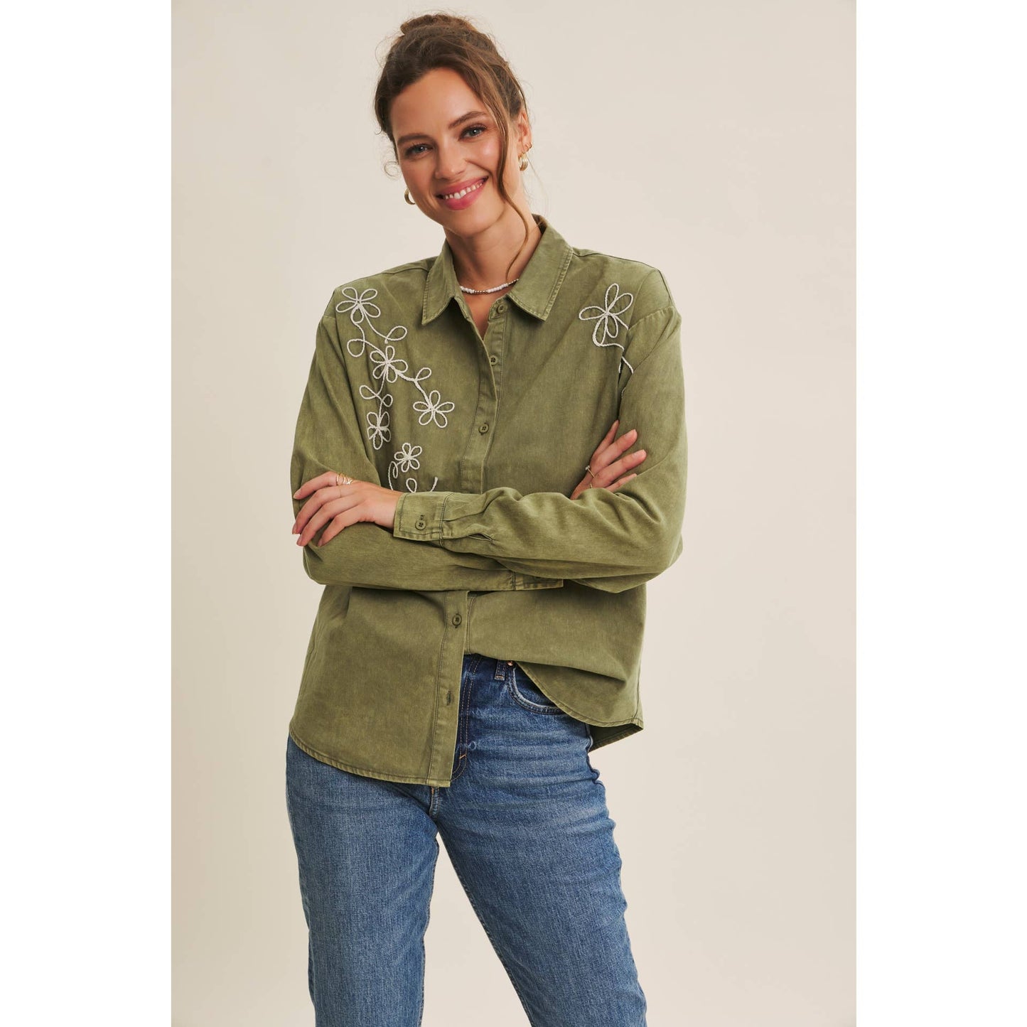 Rusting Elegance Mineral-Washed Embroidered Cotton Top: Olive
