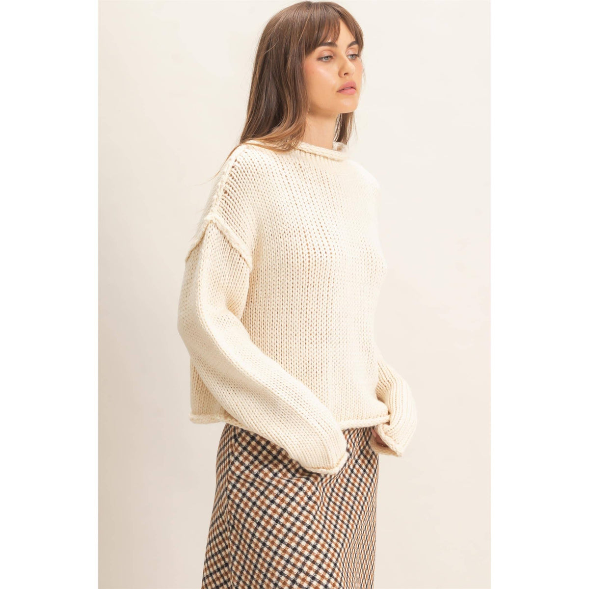 Rolled Collar Loose Knit Sweater: OATMEAL / S-M-L(2-2-2)