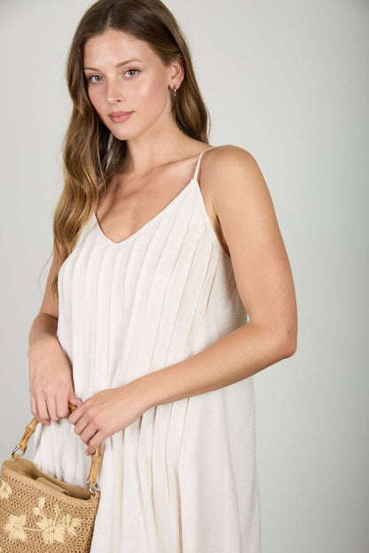 Luna Pleated Pintuck Detail Spaghetti Strap Maxi Dress: Natural