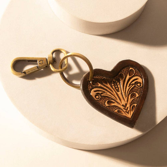 Sweetheart Carved Heart Western Key Fob in dark brown with handtooled detail: Dark Brown BLK