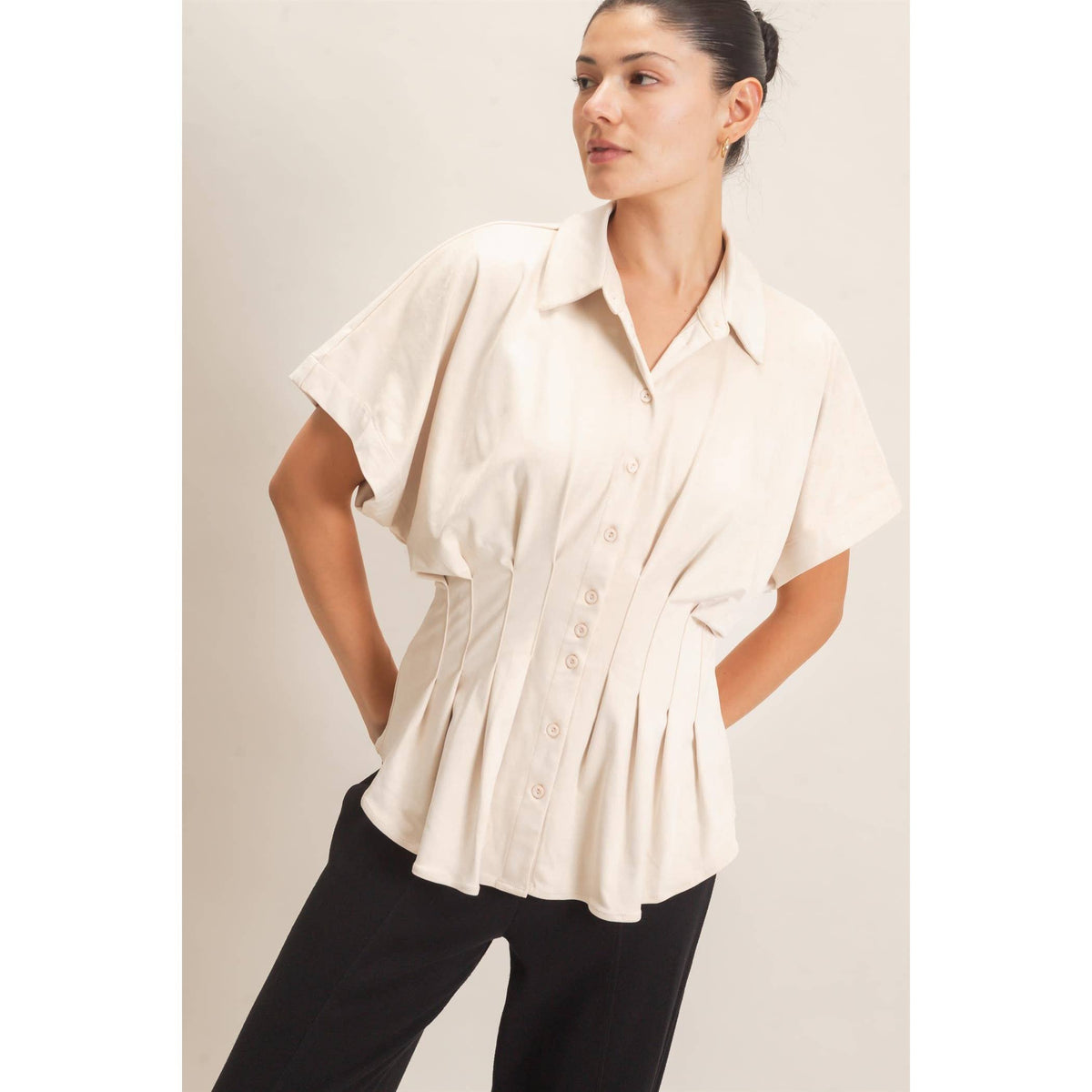 Suede Button-Down Blouse: CAMEL / S-M-L(2-2-2)
