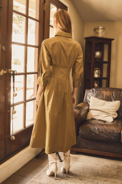 Adeline Collared Puff Sleeve Button-Front Midi Dress: Wine