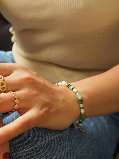 18K Bohemian Handmade Stone and Bead Bracelet: Faye-Green