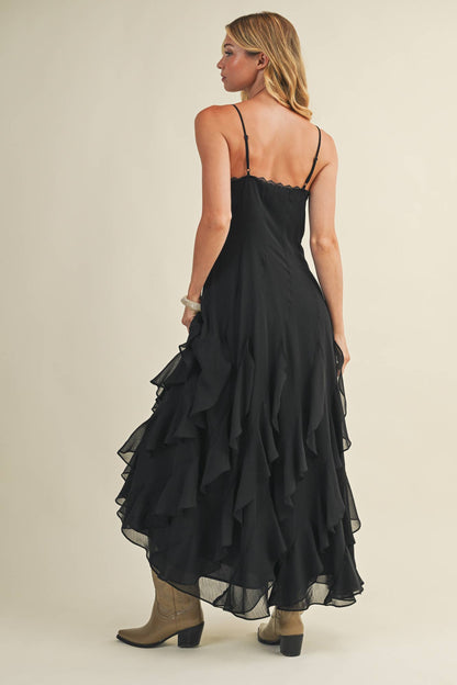 Lace V-Neck Cascading Ruffle Dress: Black / S