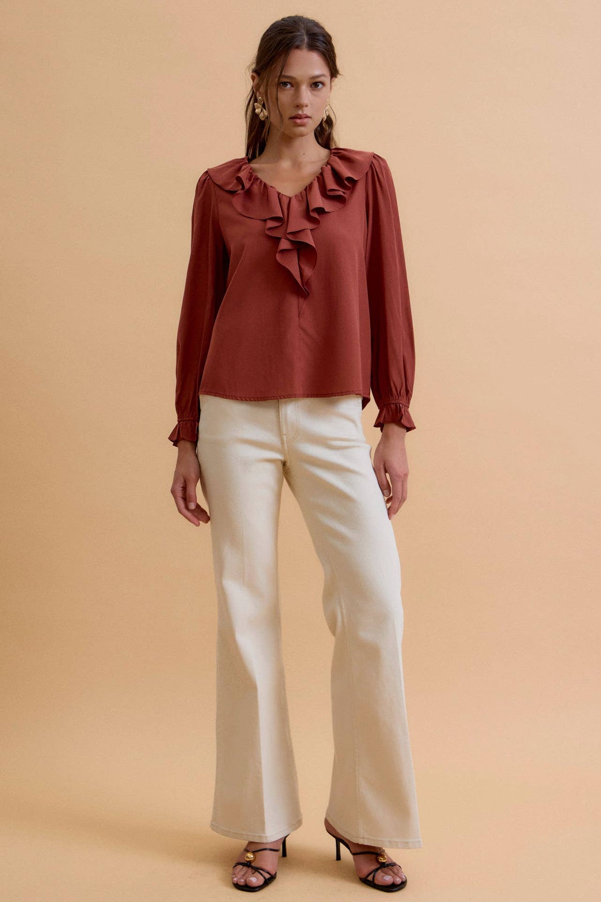 Chestnut Ruffled V-Neck Blouse Top
