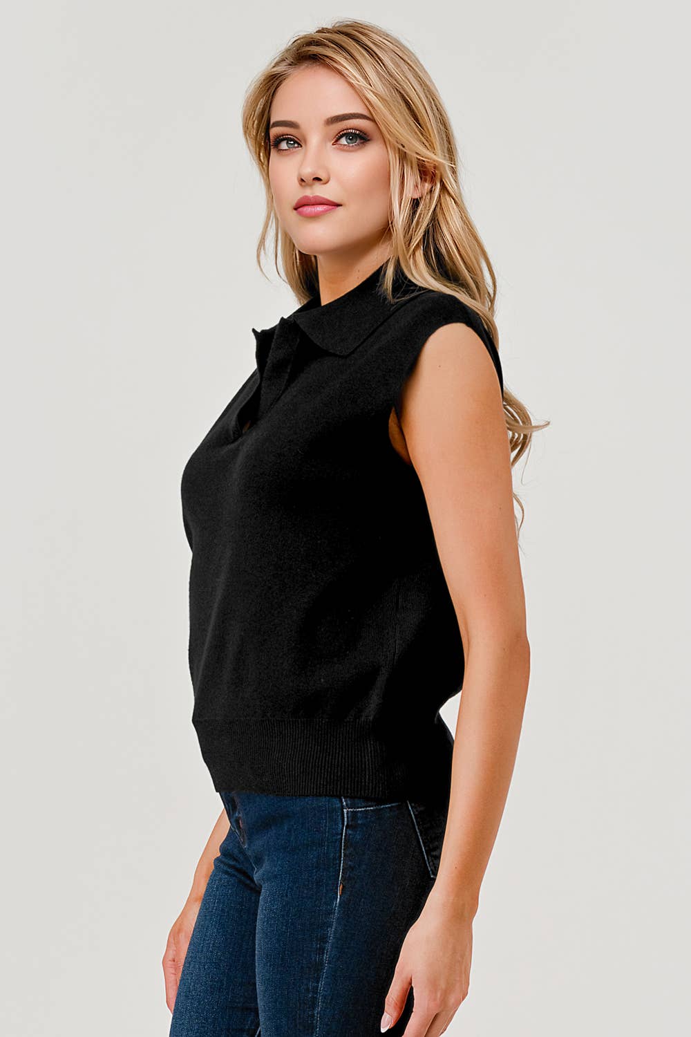 Elara Polo Collar Sweater Top: Black 