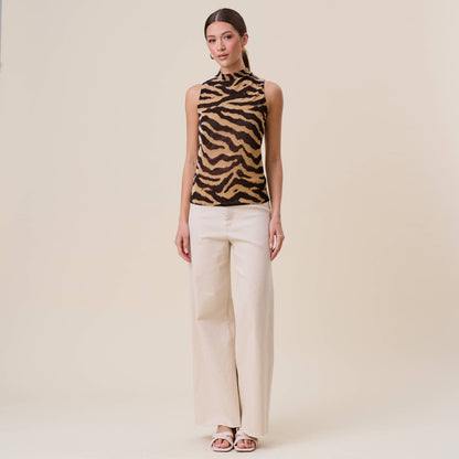 Zadie Sleeveless Mock Neck Zebra Print Top: Taupe & Black