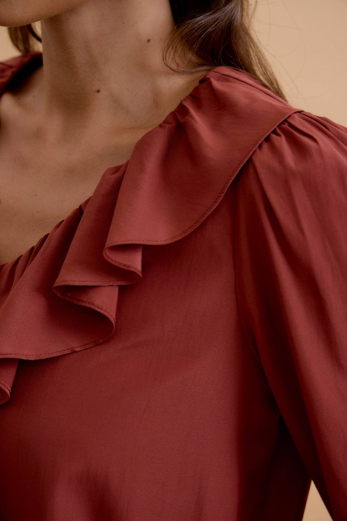 Chestnut Ruffled V-Neck Blouse Top