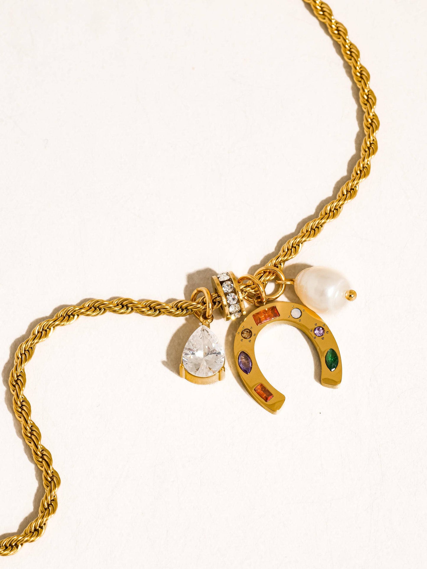 Western 18K Gold Non-Tarnish Horseshoe Charm Necklace: Multi-Colored