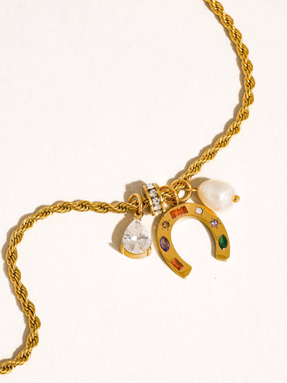 Western 18K Gold Non-Tarnish Horseshoe Charm Necklace: Multi-Colored