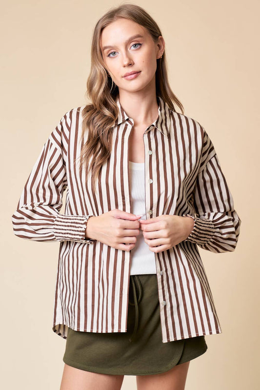 Wrenly Stripe Mixed Over-Sized Button Down Top: Brown