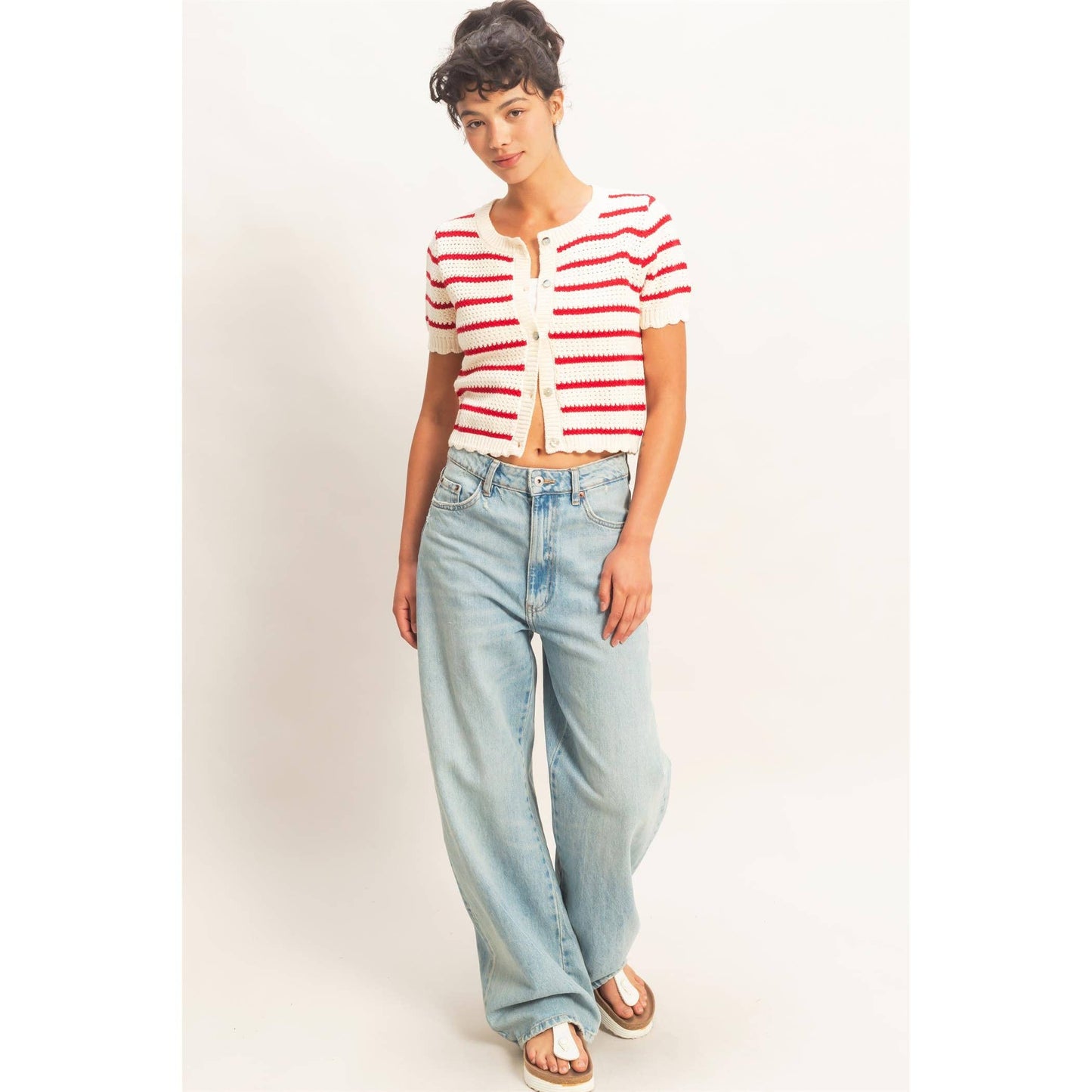Newport Striped Short Sleeve Cardigan With Scallop Edge: RED