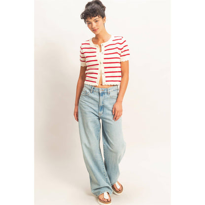 Newport Striped Short Sleeve Cardigan With Scallop Edge: RED