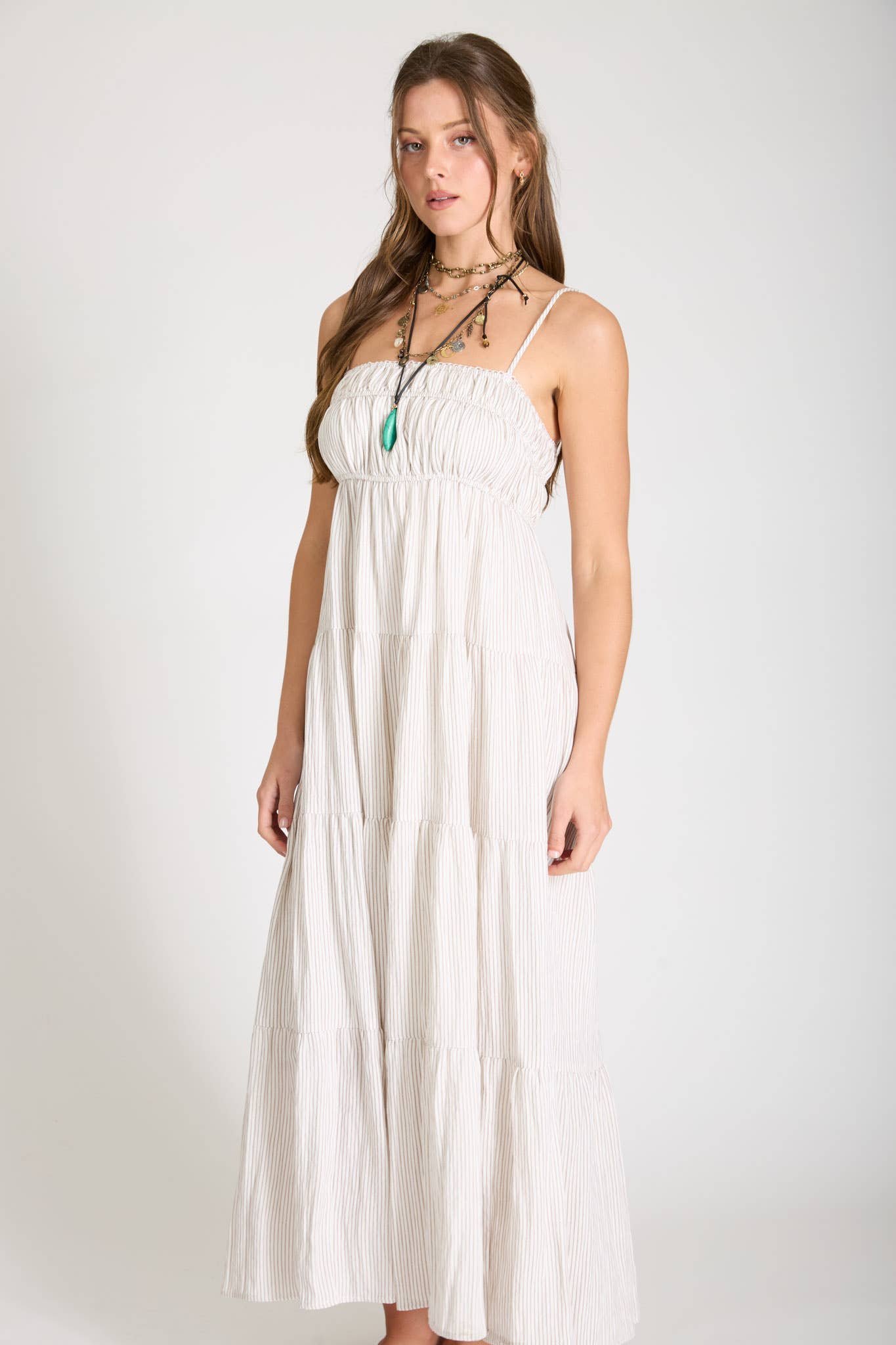 June Stripe Shirred Empire Waist Midi Dress: Mocha