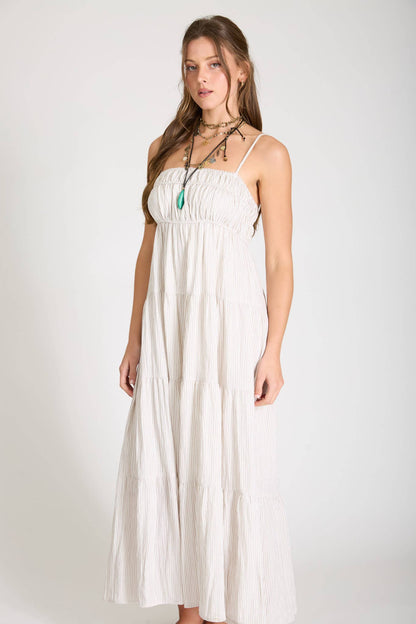 June Stripe Shirred Empire Waist Midi Dress: Mocha