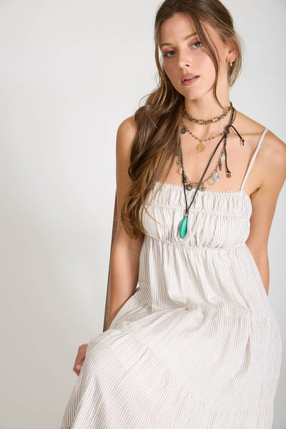 June Stripe Shirred Empire Waist Midi Dress: Mocha