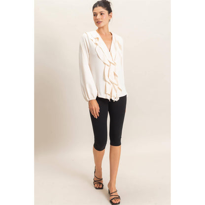 Ruffled V-Neck Button-Up Blouse: TEAL / S-M-L(2-2-2)