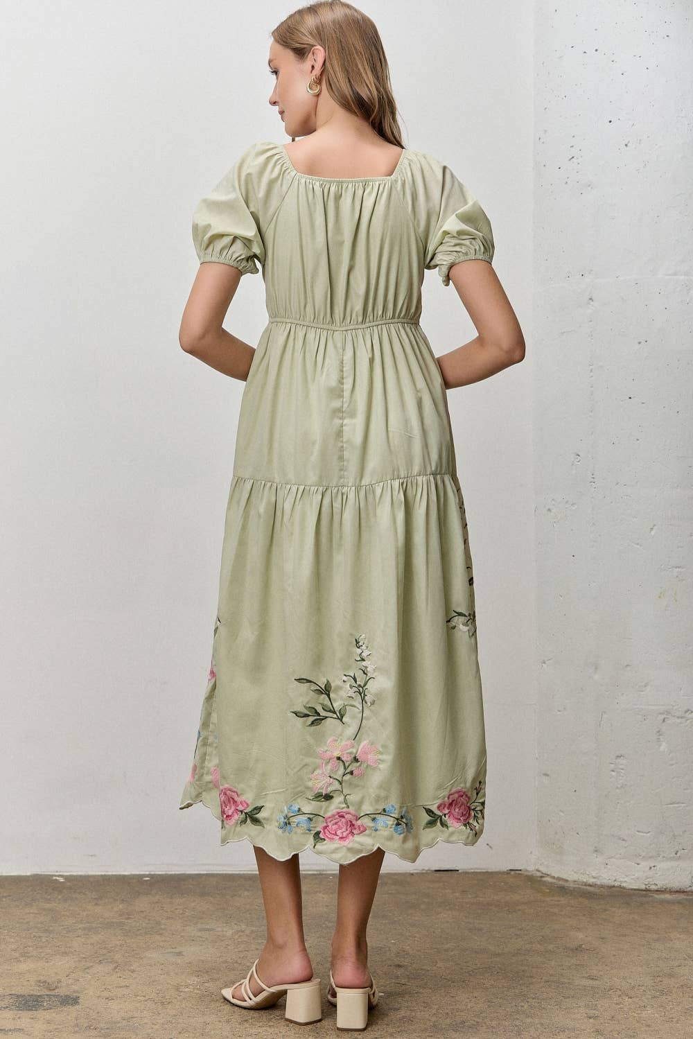 Lily Rose Embroidered Tiered Midi Dress: Sage