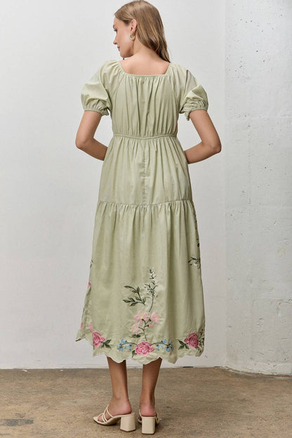 Lily Rose Embroidered Tiered Midi Dress: Sage
