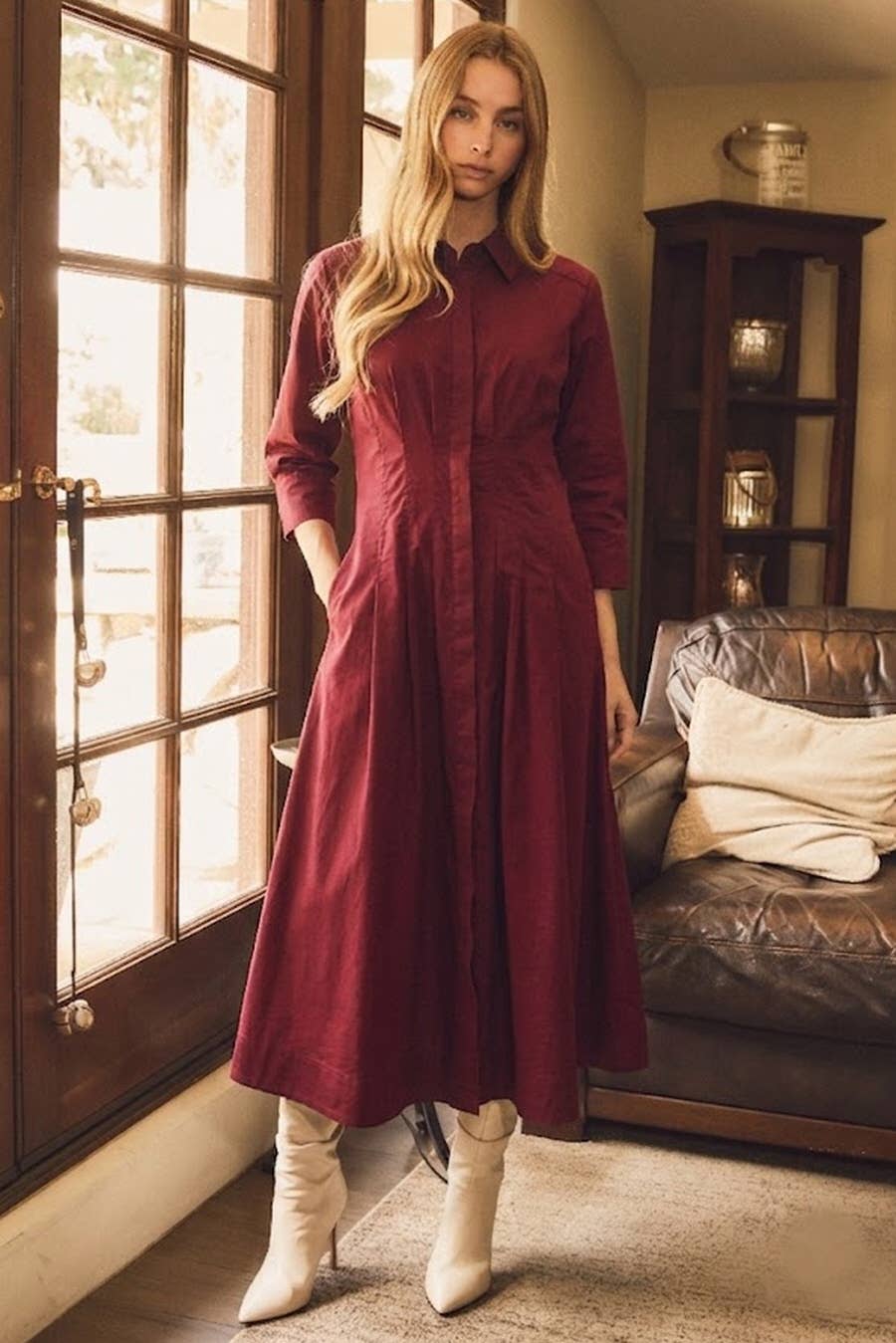 Adeline Collared Puff Sleeve Button-Front Midi Dress: Wine