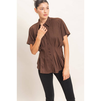 Suede Button-Down Blouse: CAMEL / S-M-L(2-2-2)