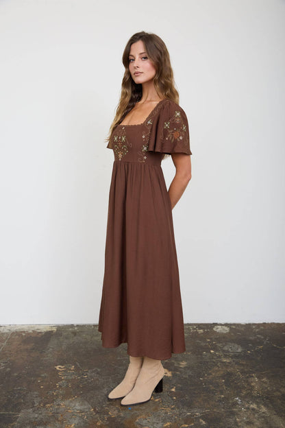 Fable Detail Bell Sleeve Midi Dress: Chocolate Brown