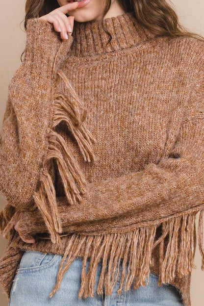Gilded Knit Fringe Detail Turtle Neckline Sweater: CAMEL
