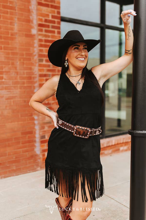 Black Buckstitch Stretch Suede Dress