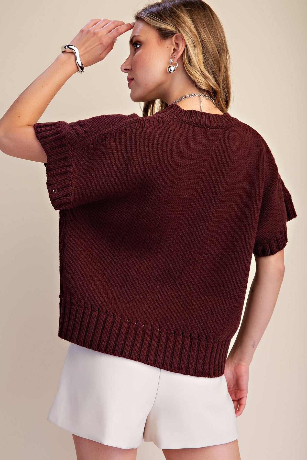 Della Short-Sleeve Eyelet Crew-Neck Sweater: Brown
