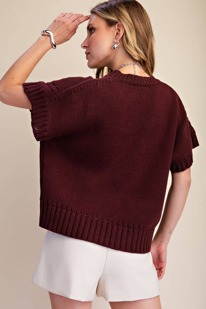 Della Short-Sleeve Eyelet Crew-Neck Sweater: Brown