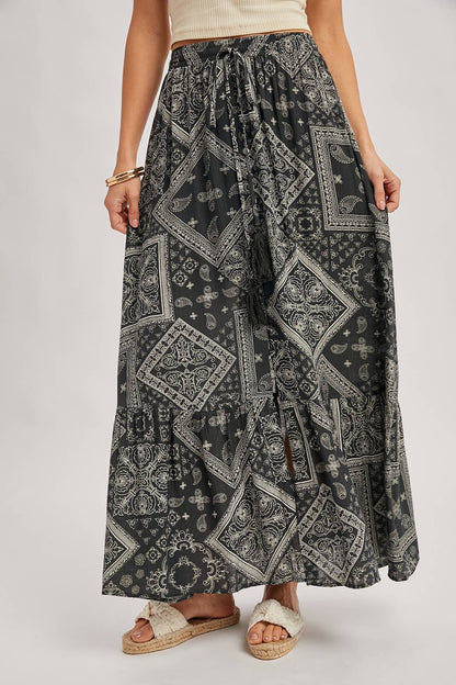 BOHO PRINT TIERED BUTTON DOWN FRONT MAXI SKIRT: ASH