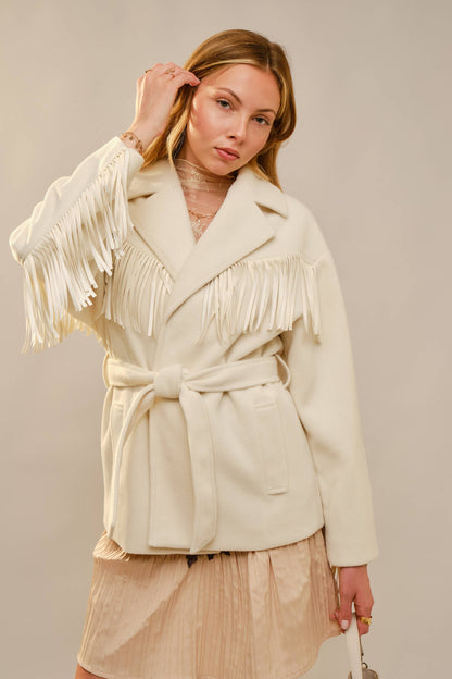 Westward Self Tie Belted Fringe Jacket: CREAM