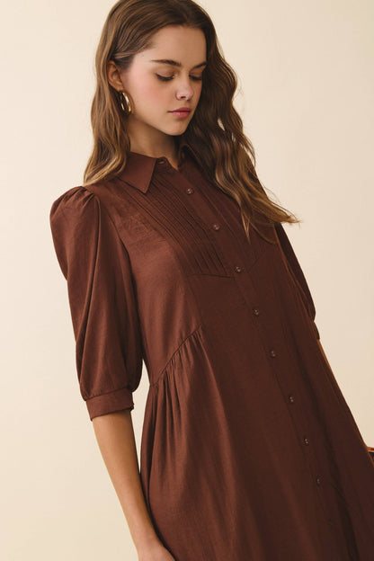 Pintuck Detail Collared Neck Button Down Mid Dress: Brown