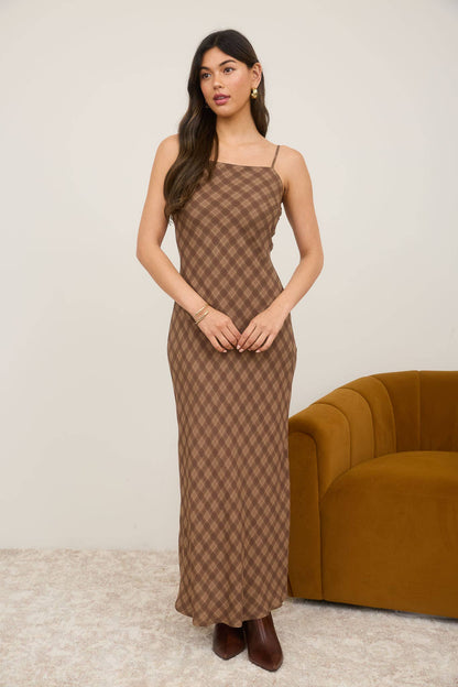 Lauren Plaid Spaghetti Strap Midi Dress: Brown