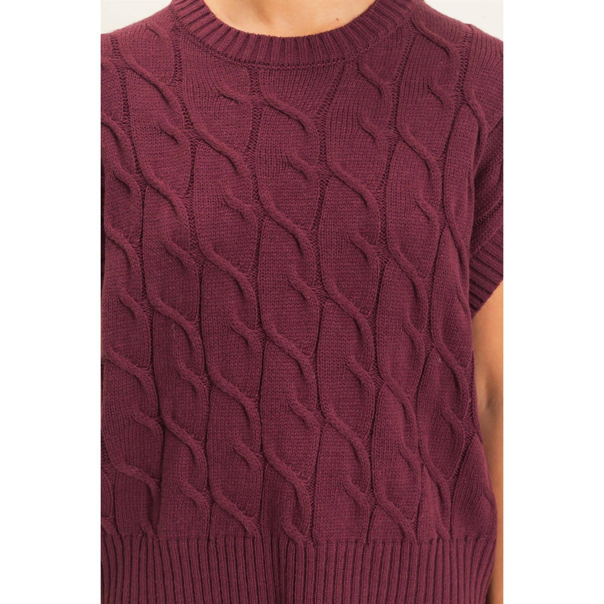 Sylvia Cable Knit Crew Neck Cap Sleeve Sweater: Dark Cherry