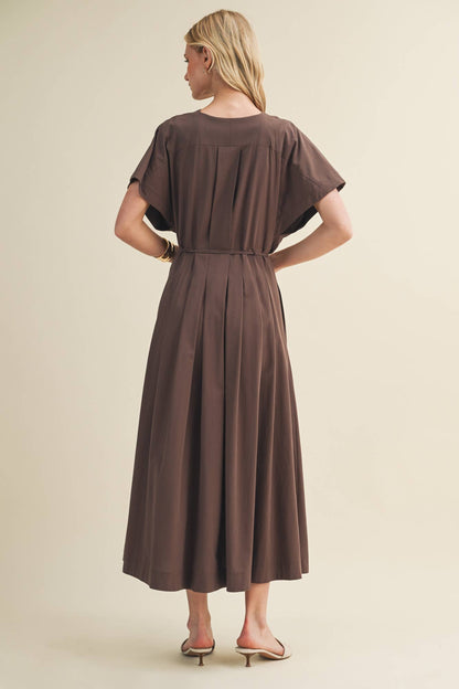 Drawstring Waist Dolman Sleeve Dress: COCOA POWDER