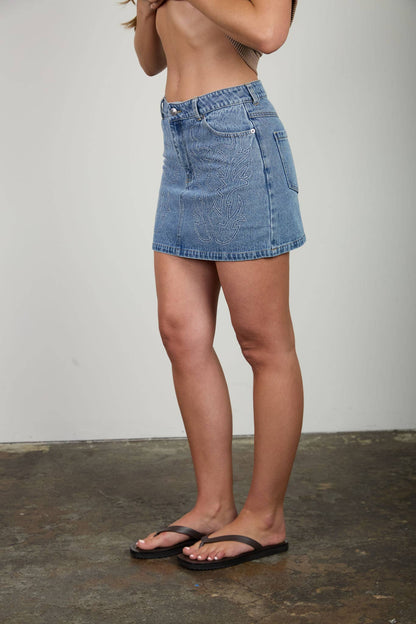 Calhoun Western Stitch Detail Mini Skirt: Denim
