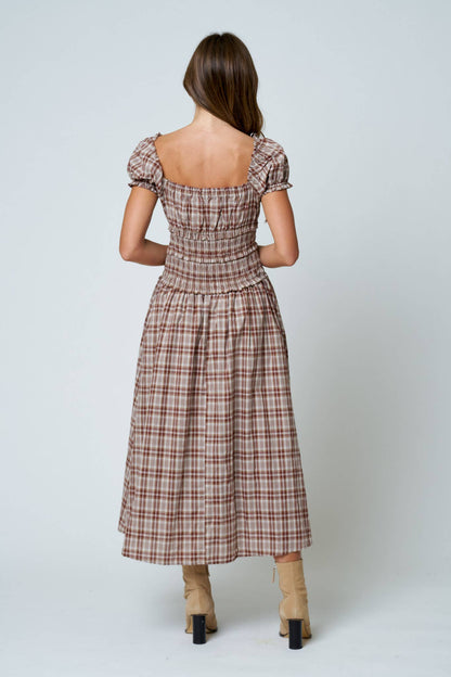 Maisie Plaid Puff Sleeve Smocked Waist A-Line Midi Dress: Khaki