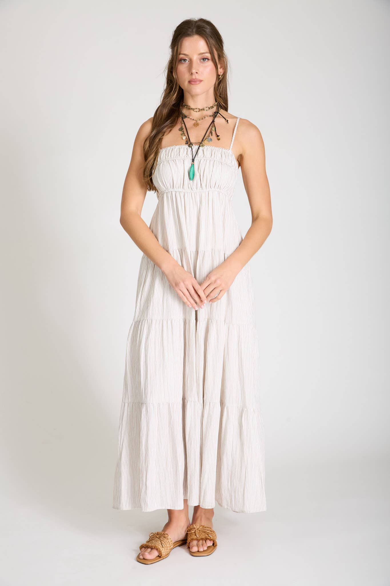 June Stripe Shirred Empire Waist Midi Dress: Mocha