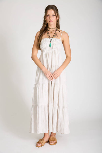 June Stripe Shirred Empire Waist Midi Dress: Mocha