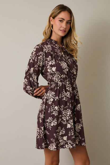 November Notch Neck Front Tie Puff Long Sleeve Floral Mini Dress: Brown Cream Floral