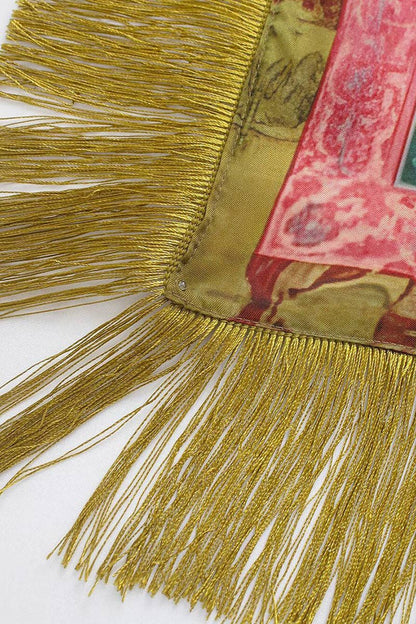Fringed Crane Print Square Scarf: GREEN / One Size