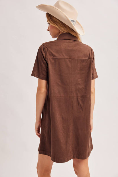 Cheyenne Collared Short Sleeve Faux Suede Mini Shirt Dress: Chocolate